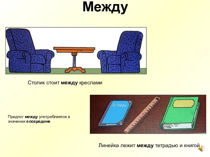 Между Столик стоит между креслами Линейка лежит между тетрадью и книгой