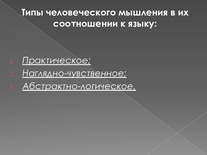 Типы человеческого мышления в их соотношении к языку: Практическое; Наглядно-чувственное; Абстрактно-логическое.