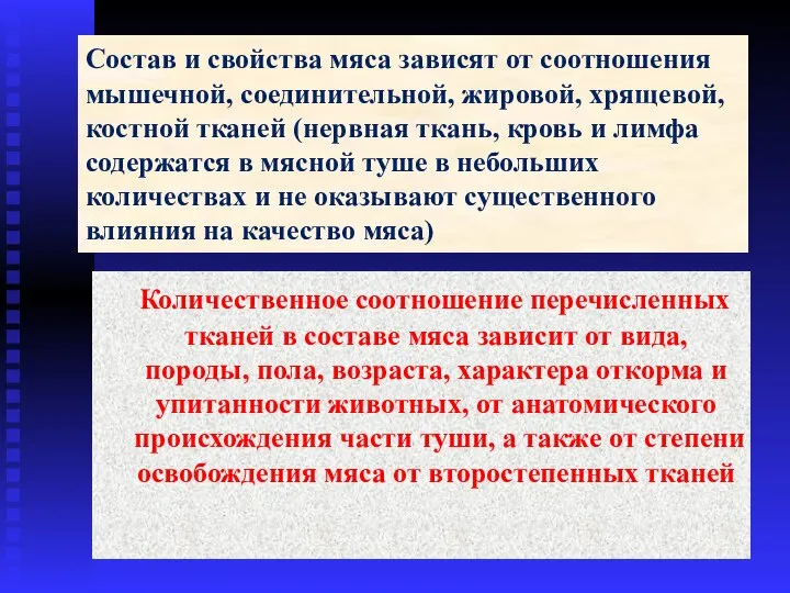 Состав и свойства мяса зависят от соотношения мышечной, соединительной, жировой, хрящевой,