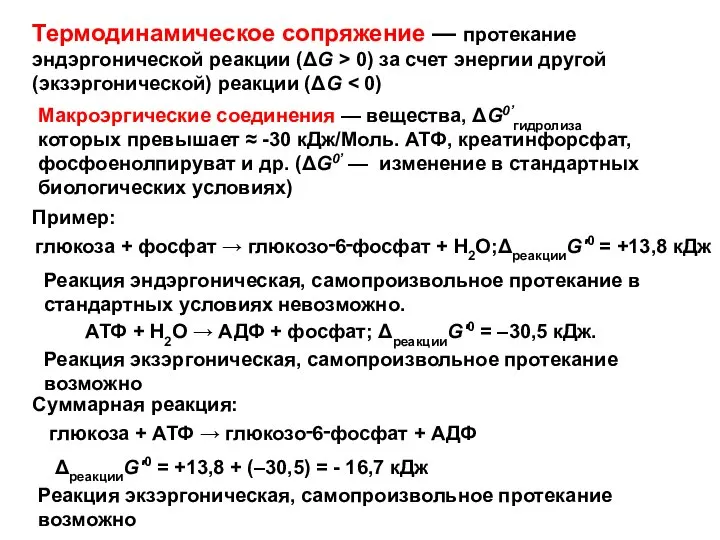 Термодинамическое сопряжение — протекание эндэргонической реакции (ΔG > 0) за счет