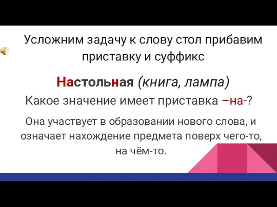 Усложним задачу к слову стол прибавим приставку и суффикс Настольная (книга,