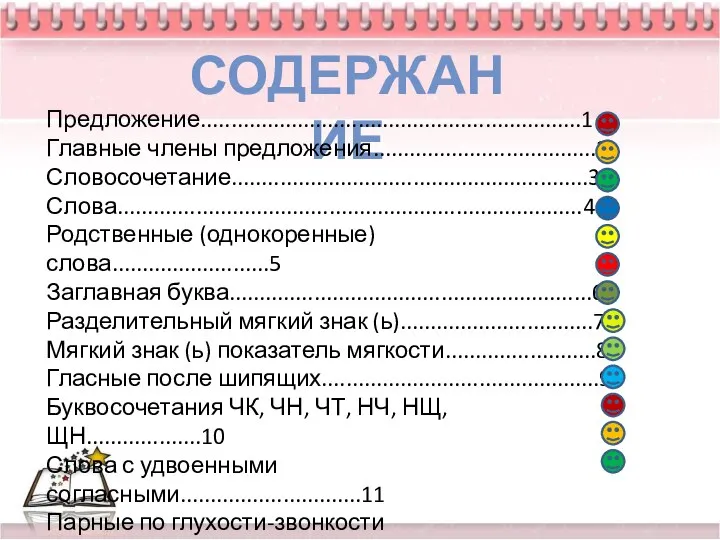 СОДЕРЖАНИЕ Предложение...............................................................1 Главные члены предложения.....................................2 Словосочетание...........................................................3 Слова.............................................................................4 Родственные (однокоренные) слова..........................5 Заглавная