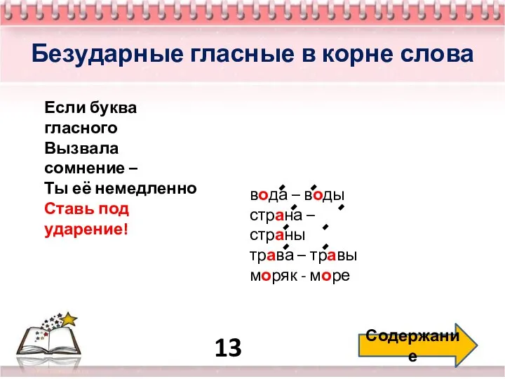 13 Содержание Безударные гласные в корне слова Если буква гласного Вызвала