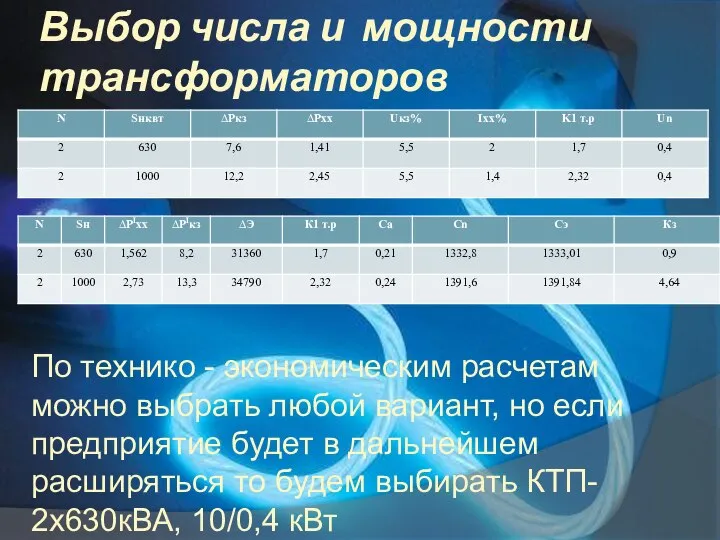 Выбор числа и мощности трансформаторов По технико - экономическим расчетам можно