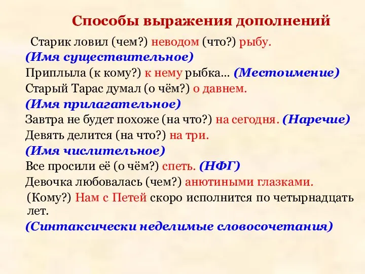 Способы выражения дополнений Старик ловил (чем?) неводом (что?) рыбу. (Имя существительное)