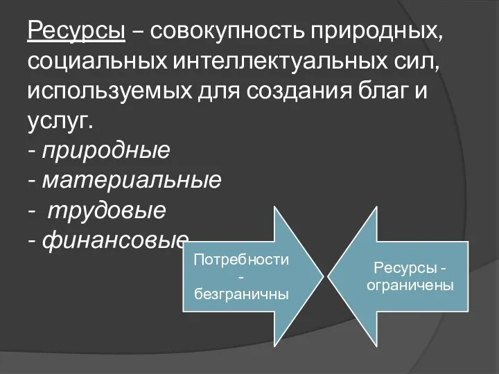 Ресурсы – совокупность природных, социальных интеллектуальных сил, используемых для создания благ