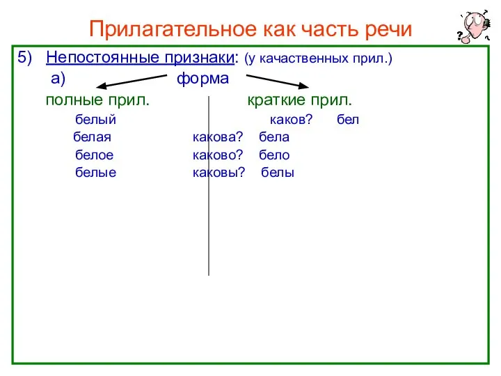 Прилагательное как часть речи 5) Непостоянные признаки: (у качаственных прил.) а)