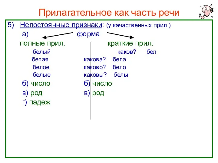 Прилагательное как часть речи 5) Непостоянные признаки: (у качаственных прил.) а)