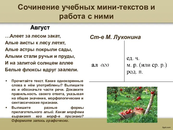 Сочинение учебных мини-текстов и работа с ними …Алеет за лесом закат,