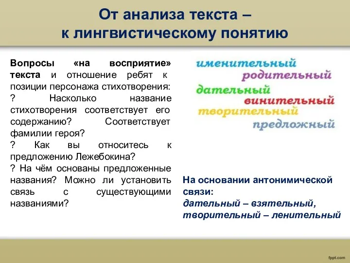 От анализа текста – к лингвистическому понятию Вопросы «на восприятие» текста