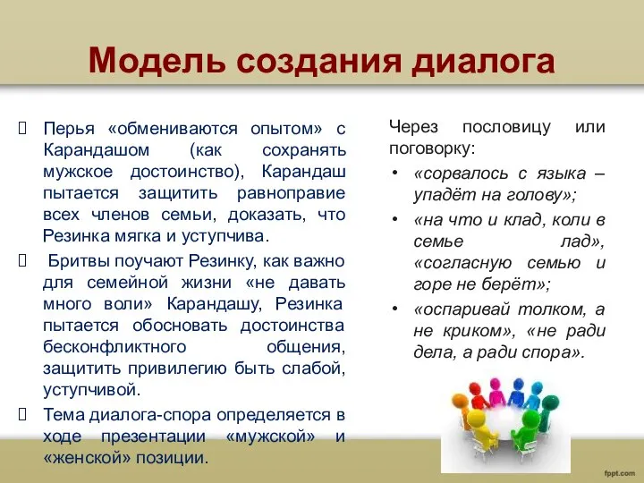 Модель создания диалога Перья «обмениваются опытом» с Карандашом (как сохранять мужское