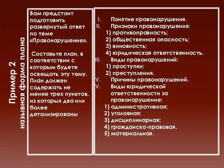 Пример 2 назывная форма плана Вам предстоит подготовить развернутый ответ по