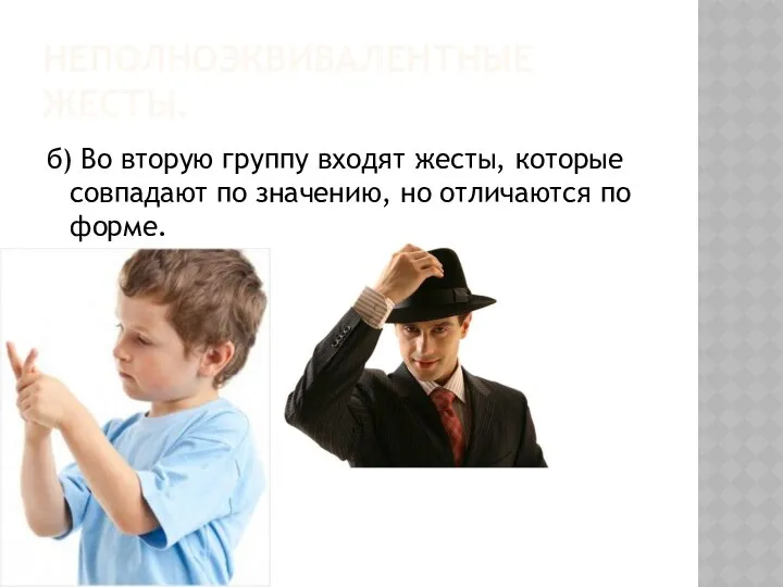 НЕПОЛНОЭКВИВАЛЕНТНЫЕ ЖЕСТЫ. б) Во вторую группу входят жесты, которые совпадают по значению, но отличаются по форме.