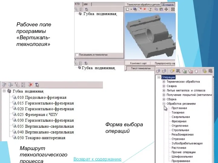 Возврат к содержанию Рабочее поле программы «Вертикаль-технология» Маршрут технологического процесса Форма выбора операций