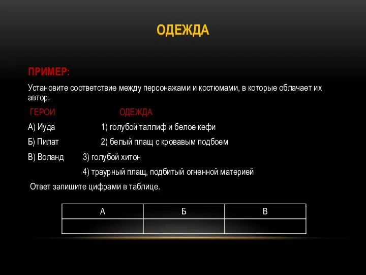 ОДЕЖДА ПРИМЕР: Установите соответствие между персонажами и костюмами, в которые облачает