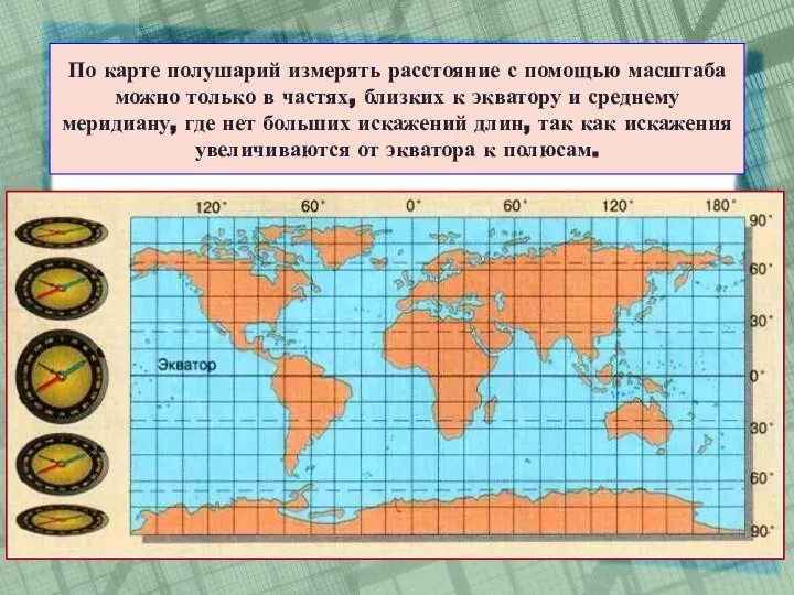 По карте полушарий измерять расстояние с помощью масштаба можно только в