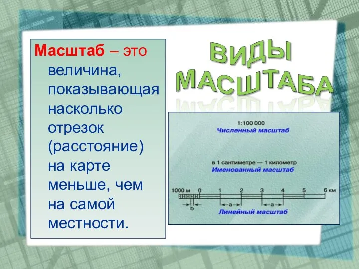 Масштаб – это величина, показывающая насколько отрезок (расстояние) на карте меньше, чем на самой местности.