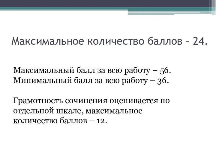 Максимальное количество баллов – 24. Максимальный балл за всю работу –