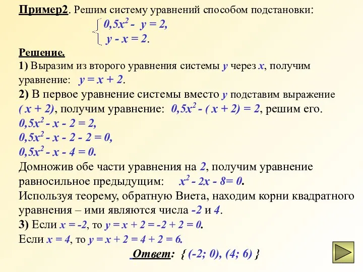 Пример2. Решим систему уравнений способом подстановки: 0,5x2 - y = 2,