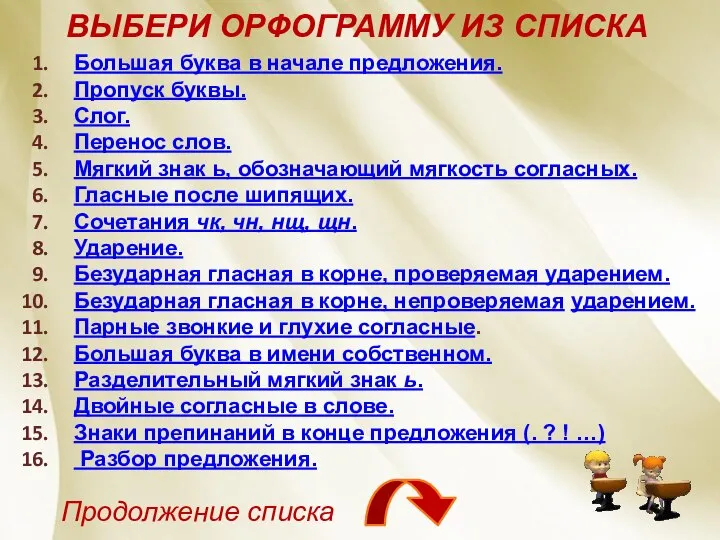 Большая буква в начале предложения. Пропуск буквы. Слог. Перенос слов. Мягкий