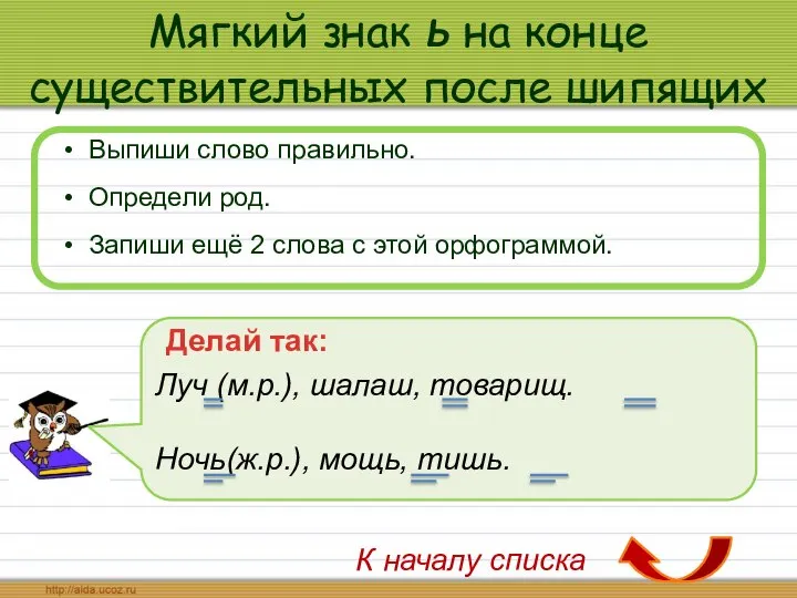 Мягкий знак ь на конце существительных после шипящих Выпиши слово правильно.