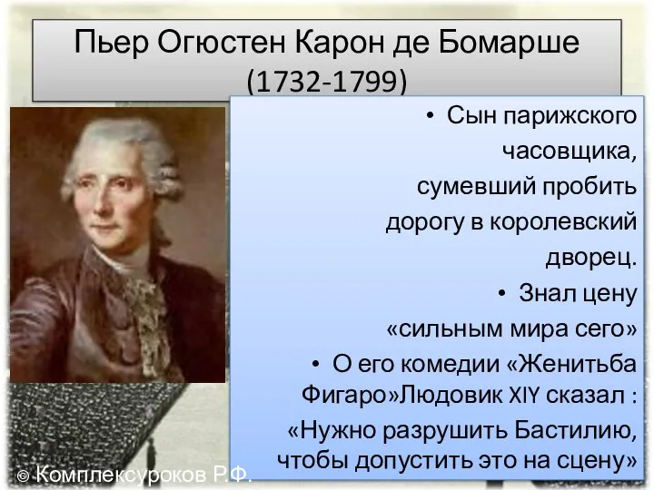 Пьер Огюстен Карон де Бомарше (1732-1799) Сын парижского часовщика, сумевший пробить