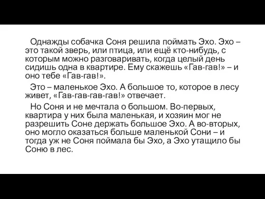 Однажды собачка Соня решила поймать Эхо. Эхо – это такой зверь,