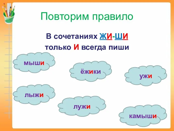 Повторим правило В сочетаниях ЖИ-ШИ только И всегда пиши мыши ужи лыжи камыши ёжики лужи