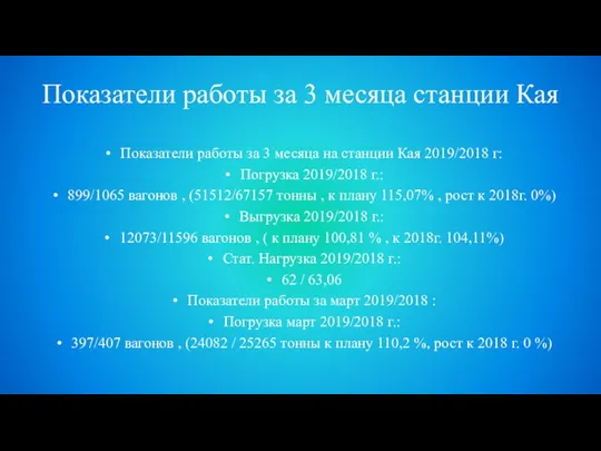 Показатели работы за 3 месяца станции Кая Показатели работы за 3