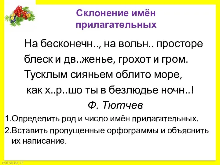 Склонение имён прилагательных На бесконечн.., на вольн.. просторе блеск и дв..женье,