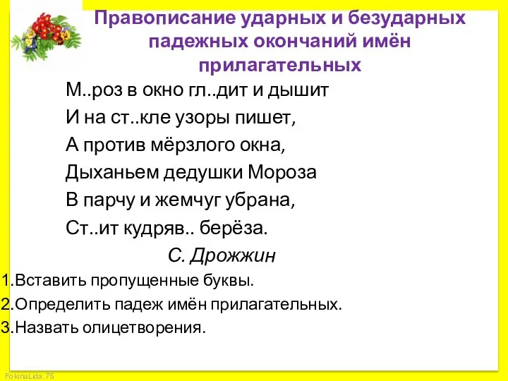 Правописание ударных и безударных падежных окончаний имён прилагательных М..роз в окно