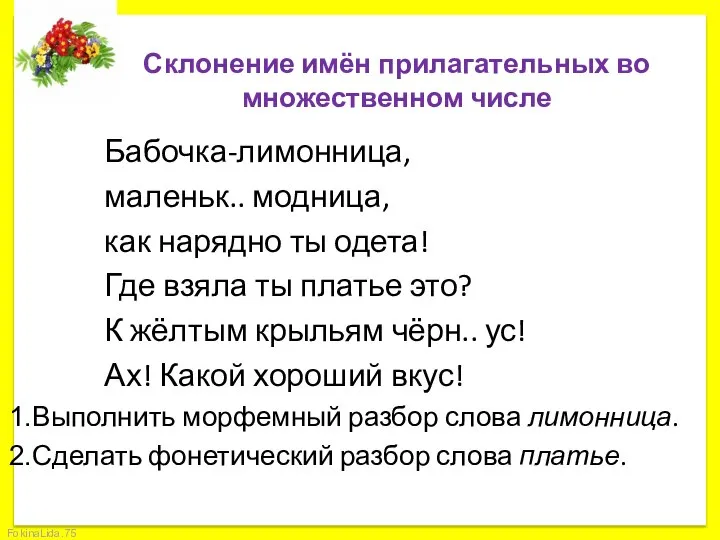 Склонение имён прилагательных во множественном числе Бабочка-лимонница, маленьк.. модница, как нарядно