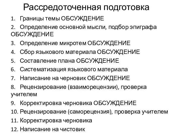 Рассредоточенная подготовка 1. Границы темы ОБСУЖДЕНИЕ 2. Определение основной мысли, подбор