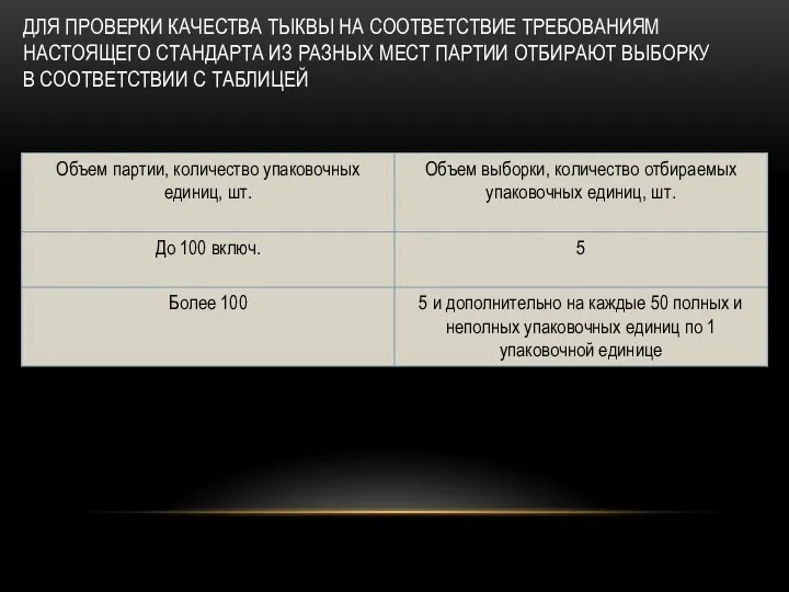 ДЛЯ ПРОВЕРКИ КАЧЕСТВА ТЫКВЫ НА СООТВЕТСТВИЕ ТРЕБОВАНИЯМ НАСТОЯЩЕГО СТАНДАРТА ИЗ РАЗНЫХ