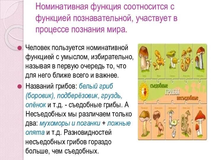 Номинативная функция соотносится с функцией познавательной, участвует в процессе познания мира.