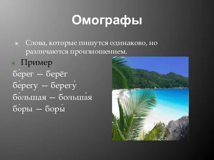 Омографы Слова, которые пишутся одинаково, но различаются произношением. Пример: бе́рег —