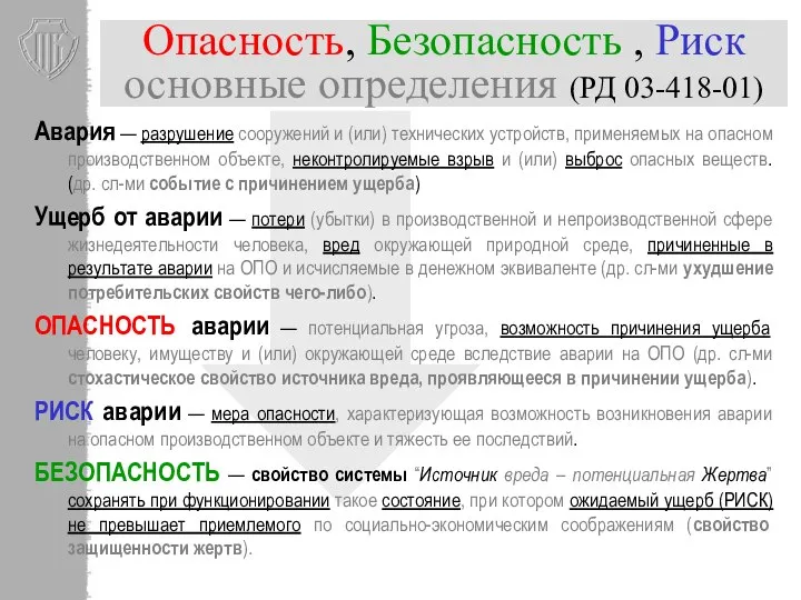 Опасность, Безопасность , Риск основные определения (РД 03-418-01) Авария — разрушение