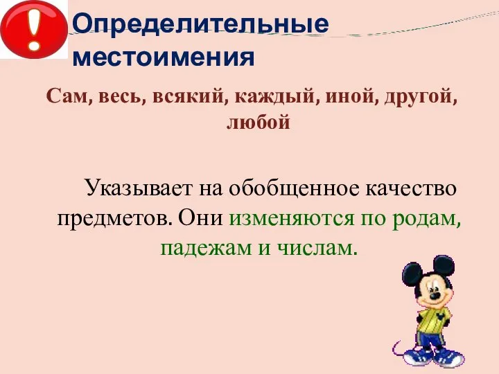 Определительные местоимения Сам, весь, всякий, каждый, иной, другой, любой Указывает на