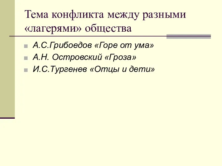 Тема конфликта между разными «лагерями» общества А.С.Грибоедов «Горе от ума» А.Н.