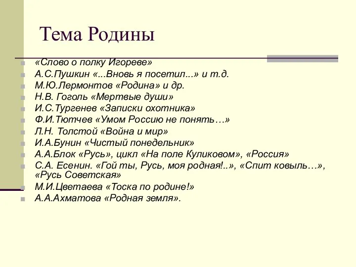 Тема Родины «Слово о полку Игореве» А.С.Пушкин «...Вновь я посетил...» и