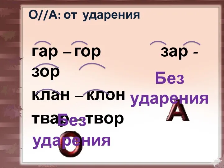 О//А: от ударения гар – гор зар - зор клан –