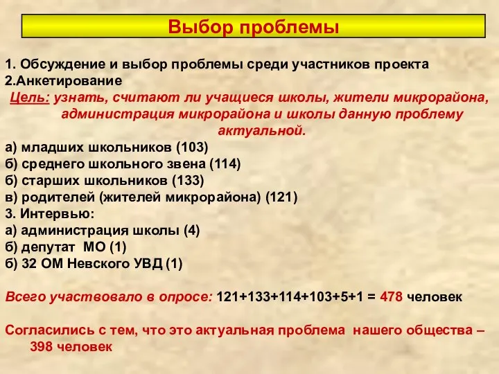 Выбор проблемы 1. Обсуждение и выбор проблемы среди участников проекта 2.Анкетирование