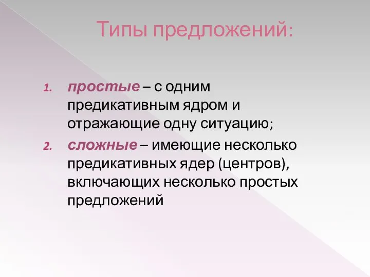 Типы предложений: простые – с одним предикативным ядром и отражающие одну