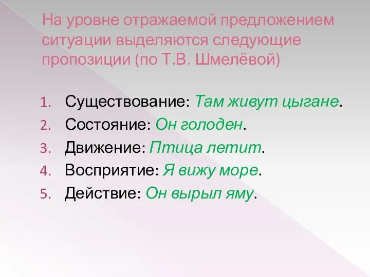 На уровне отражаемой предложением ситуации выделяются следующие пропозиции (по Т.В. Шмелёвой)