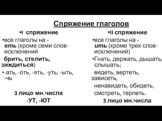 Спряжение глаголов I спряжение все глаголы на -еть (кроме семи слов-исключений