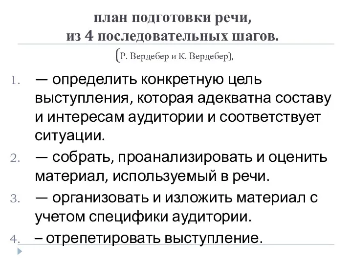 план подготовки речи, из 4 последовательных шагов. (Р. Вердебер и К.