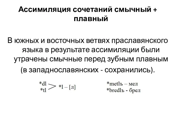 Ассимиляция сочетаний смычный + плавный В южных и восточных ветвях праславянского