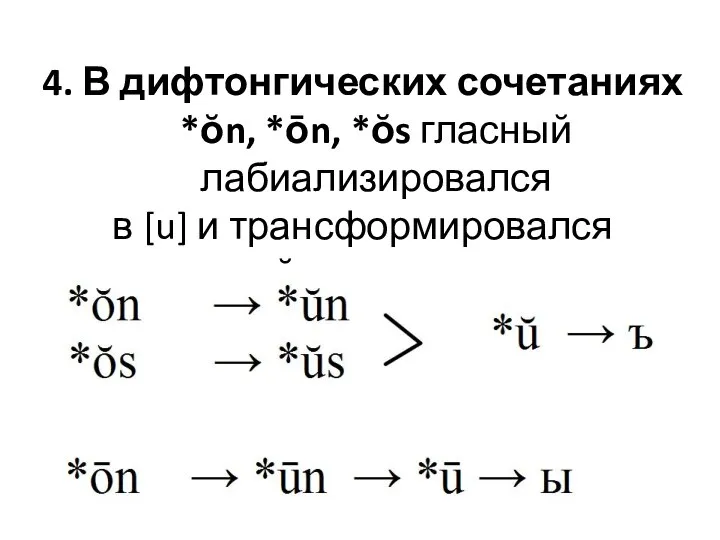 4. В дифтонгических сочетаниях *ŏn, *ōn, *ŏs гласный лабиализировался в [u]