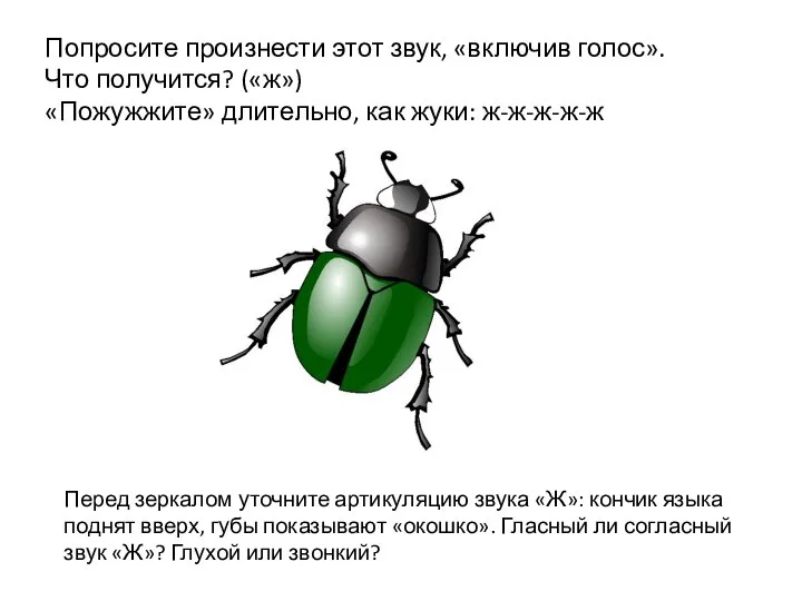 Попросите произнести этот звук, «включив голос». Что получится? («ж») «Пожужжите» длительно,