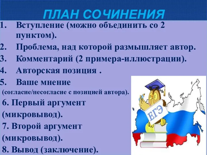 ПЛАН СОЧИНЕНИЯ Вступление (можно объединить со 2 пунктом). Проблема, над которой